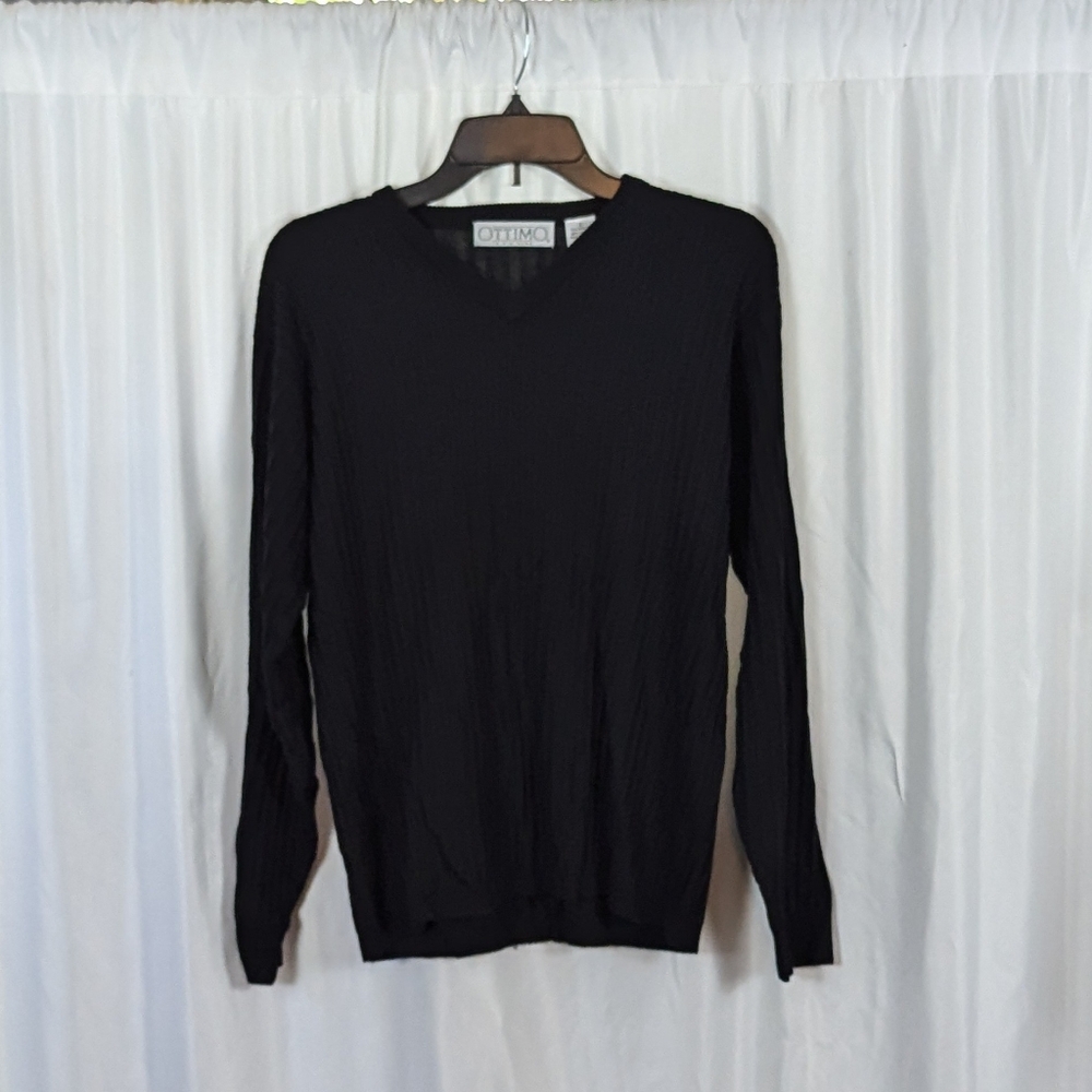 Vintage 90s Ottimo Via Roma Black Ribbed V-Neck Sweater | Size Small